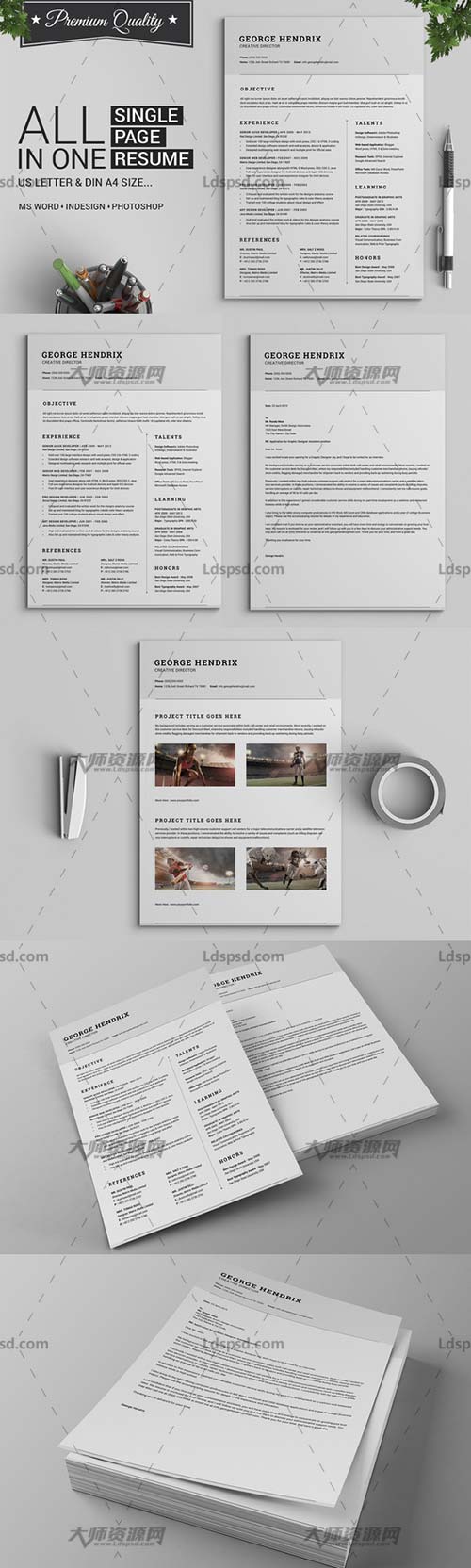 All in One Single Page Resume Pack,个人简历模板(INDD/DOCX/PSD)